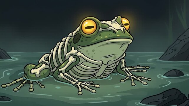 An anatomical frog skeleton sits in murky water