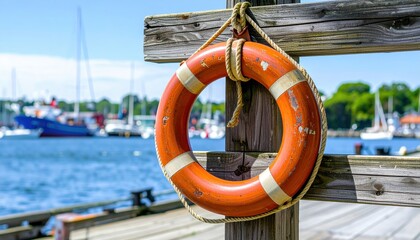 Bright Orange Lifebuoy Hanging on Dock with Marina Background