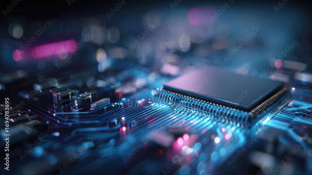 Poster close-up of a modern computer microchip or processor with intricate electronic circuit details illum