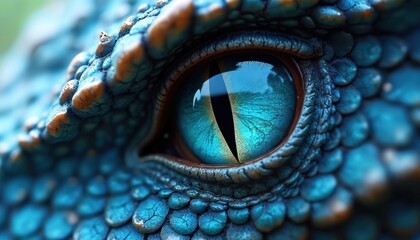Macro view of vibrant blue dragon eye, detailed with intricate scales and reptile texture. Mystical creature piercing gaze and sharp features are highlighted against soft, blurred natural backdrop.