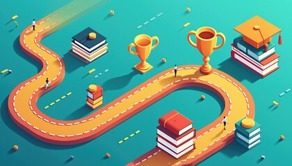 Colorful illustration showing educational journey with books, trophies, graduation cap, winding road. Tiny figures walk on path representing learning, growth, success. Symbols of achievement,
