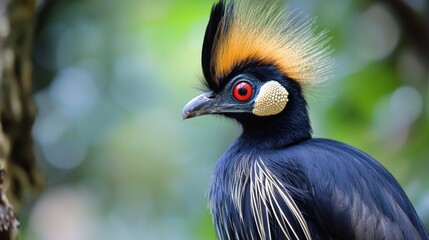 A black crowned night heron with a vibrant yellow crest perched on a tree branch, with a blurred green background and a bokeh effect.