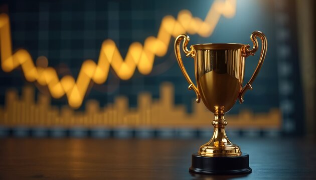 Golden trophy sits on wooden table with blurred financial chart showing upward trend. Represents business success, sales growth, achieving goals. Symbolizes victory, recognition, career achievement.
