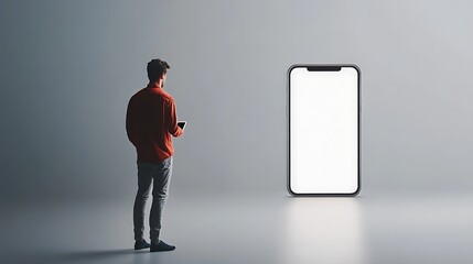 Man Holding Phone Looking at Oversized Phone Screen with Blank White Mockup