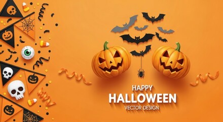 Festive Halloween Vector Design with Pumpkins, Bats, and Spooky Decorations on Orange Background