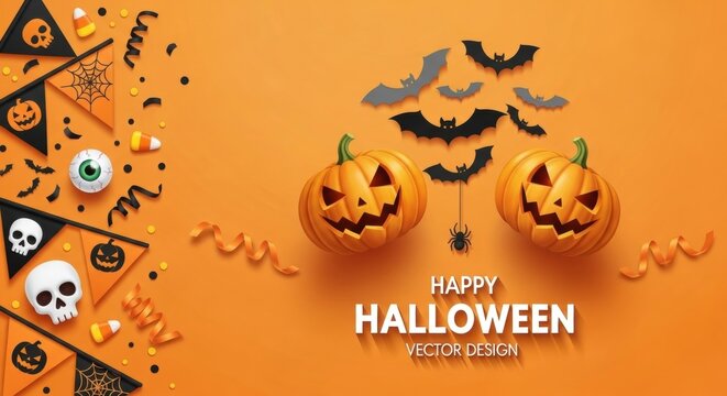 Festive Halloween Vector Design with Pumpkins, Bats, and Spooky Decorations on Orange Background