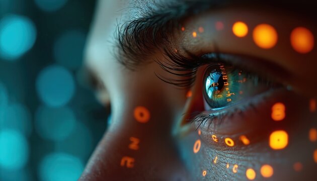 Close-up eye reflecting scrolling digital numbers, code, cybersecurity, data processing, advanced digital technology. Orange illuminated digits on skin create futuristic aesthetic, AI, cybernetic