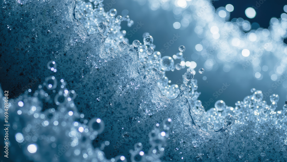 Poster bubbles and foam create mesmerizing texture in shades of blue, capturing essence of water movement a