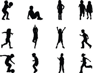 Naklejka premium Children silhouette, playful kids, black vector icon, childhood activity, sports, running, ball, yoga pose, excited, energetic, friendship