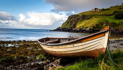 Coastal scene with weathered boat
