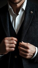 Man in Textured Suit Jacket and White Shirt Adjusting Buttons, Showing Wristwatch