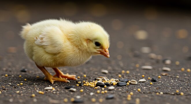 Poussin jaune adorable picorant graines soleil doux. AI Generated