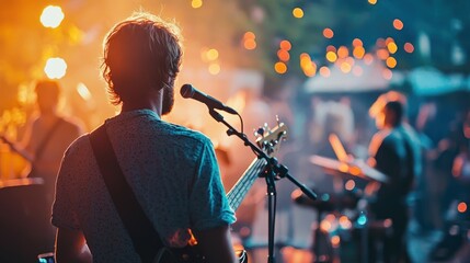 A man with long hair and a beard, wearing a blue shirt, stands in front of a microphone at a live music concert.