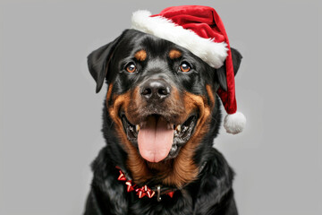 Obraz premium A Rottweiler dogs wearing Santa hats, posing for a festive Christmas portrait against a gray background.