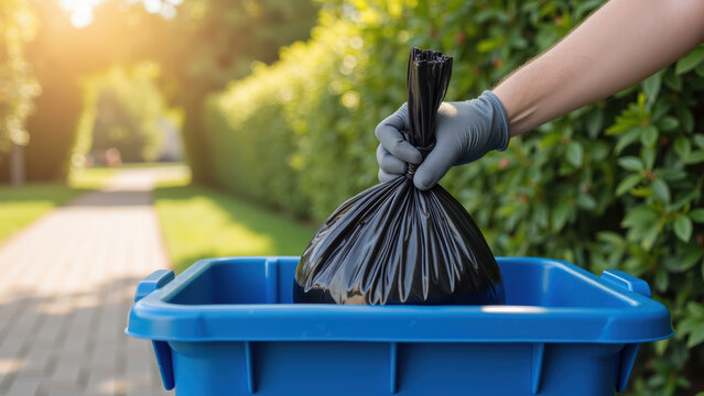 Person wearing gloves is placing black garbage bag into blue recycling bin, surrounded by greenery and pathway. scene conveys sense of cleanliness