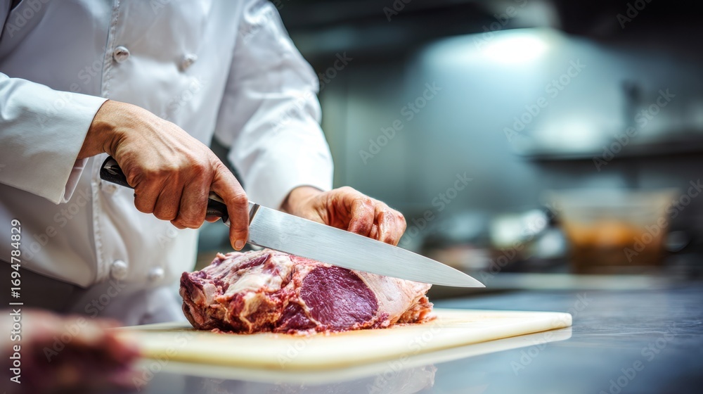 Poster medium shot of a chef demonstrating precise meat cutting techniques during an inhouse skills develop