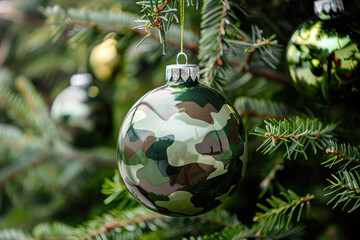 Camouflage-patterned Christmas ornaments hanging on a pine tree, blending military style with festive holiday decorations.