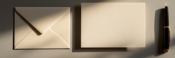 Condolence card and black fountain pen on textured off-white paper, funeral concept, clear shadows