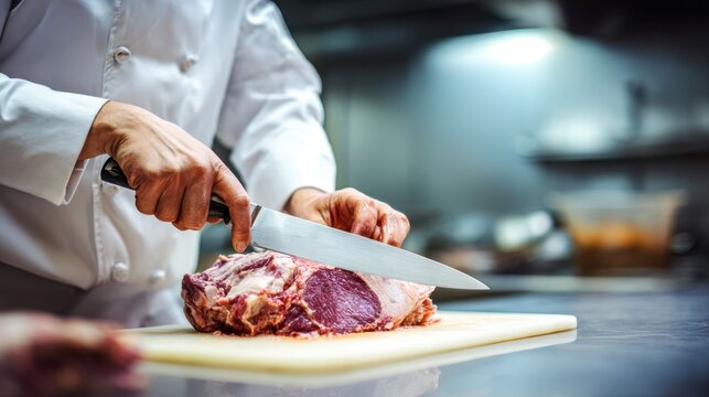 Medium shot of a chef demonstrating precise meat cutting techniques during an inhouse skills development class highlighting hand positioning and blade control with a blurred