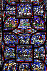 Canterbury cathedral, Kent, U.K. Stained glass. Becket miracle window, Trinity chapel ambulatory
