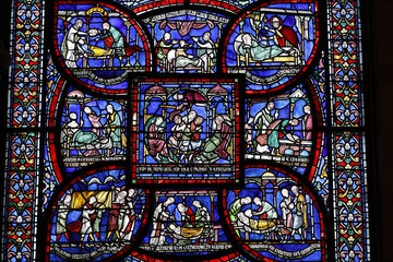Canterbury cathedral, Kent, U.K. Stained glass. Becket miracle window, Trinity chapel ambulatory. Detail : the plague in the house of Jordan Fitz-Eisulf