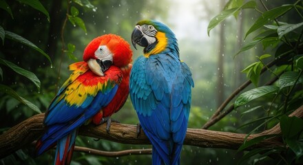 Obraz premium A vibrant Scarlet Macaw and a Blue-and-Yellow Macaw perched together on a branch in a lush, rainy tropical rainforest.