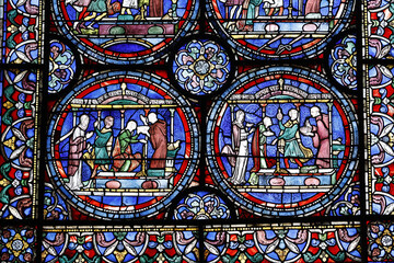 Canterbury cathedral, Kent, U.K. Stained glass : the cure of Ethelreda by the blood of Saint Thomas