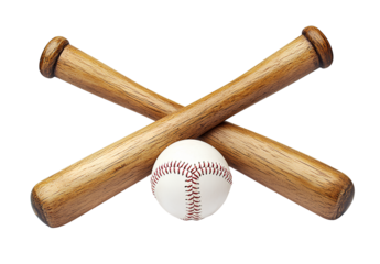 two crossed baseball bats and a ball isolated on a transparent background.