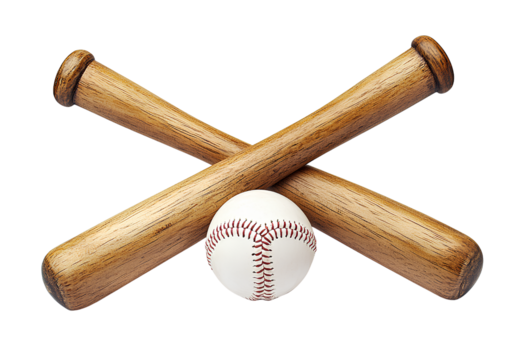 two crossed baseball bats and a ball isolated on a transparent background.