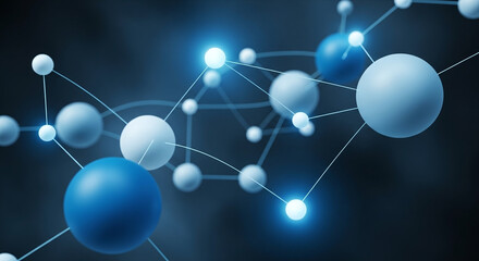 Blue and white interconnected spheres, glowing nodes, dark background.
