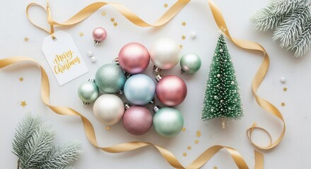 Pastel baubles a miniature tree golden ribbon and a Merry Christmas tag are arranged on a white surface adorned with small golden stars and frosted branches