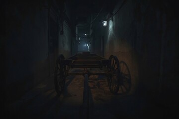 Obraz premium An aged wooden cart rests silently in a narrow alley. Faint light casts long shadows. The gritty walls and wires add a cinematic and mysterious mood.
