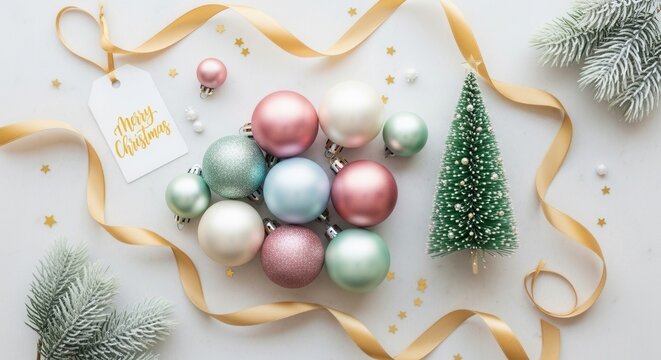 Pastel baubles a miniature tree golden ribbon and a Merry Christmas tag are arranged on a white surface adorned with small golden stars and frosted branches