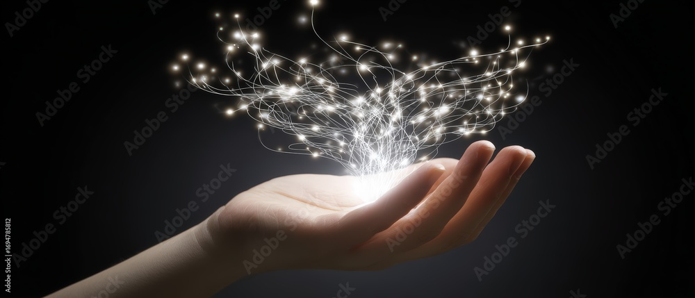 Poster hands holding bright digital light burst with sparks and energy flow in a dark background for techno