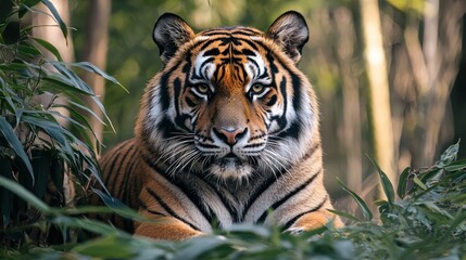 Obraz premium A majestic Bengal tiger, with its characteristic black and orange stripes, sits calmly amidst lush green foliage in a dense forest setting