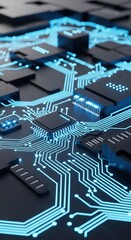 Illuminated digital pathways on a dark electronic circuit array with integrated chips and various components