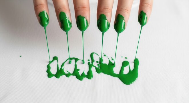 Six fingers with vivid green liquid coated on nails dripping onto a white fabric surface The liquid forms abstract puddles and streaks