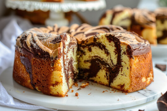 A beautifully swirled marble cake, combining vanilla and chocolate flavors, sliced open to reveal its pattern.