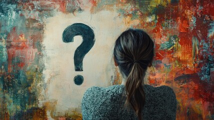 A woman with long dark hair tied back, wearing a gray sweater, stands in front of a colorful, abstract painting with a large question mark in the background.