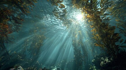 Obraz premium Underwater view with sunlight streaming through water creating a bright ethereal scene.