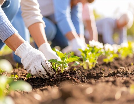 Group of People Planting Flowers Together in a Garden.