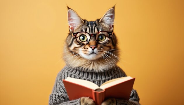 Tabby cat wearing spectacles and knitted sweater reads open book. Cute feline character displays studious and intelligent demeanor with curious whiskers and fluffy fur against warm orange backdrop.