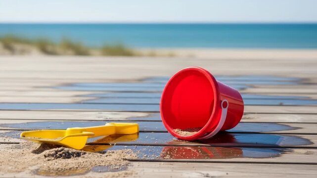 Summer beach day with a red pail and yellow shovel on boardwalk