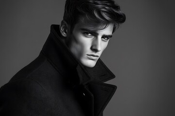 Monochrome Portrait of Serious Elegant Man with Dark Hair and Wool Coat