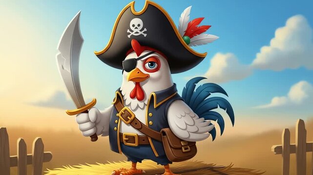 Cartoon chicken dressed as a pirate with a sword and eye patch