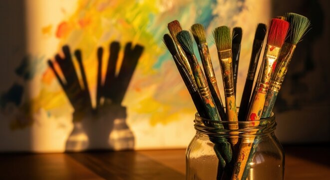 Used paintbrushes in a clear jar on a wooden surface casting shadows onto a vibrant abstract painting on a canvas illuminated by warm golden light - Powered by Adobe