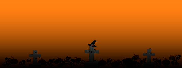 Halloween banner with graves headstones and witch hat