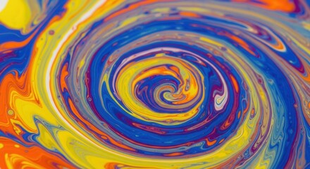 Vibrant blue yellow and orange paints swirl into a fluid abstract spiral pattern showcasing mixed colorful liquids