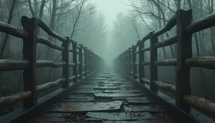 Obraz premium Eerie wooden bridge with broken planks receding into misty forest. 3D rendered illustration evokes a sense of mystery and abandonment, suitable for video game concepts or atmospheric backgrounds.