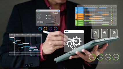 Professional hands holding tablet with stylus surrounded by AI project management interfaces including chat AI, Gantt charts, progress tracking and performance metrics.